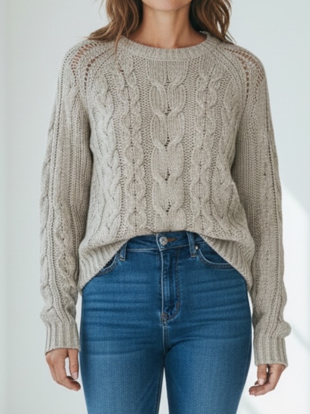 Atmosphere Soft Grey Cable Knit Sweater, Wool Blend